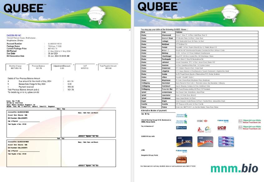 PAKISTAN QUBEE rachunek za usługi komunalne Word i szablon PDF